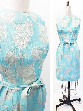 Vintage Edith Flagg Women's 50s/60s Floral Roses Lurex Turquoise Sheath Dress
